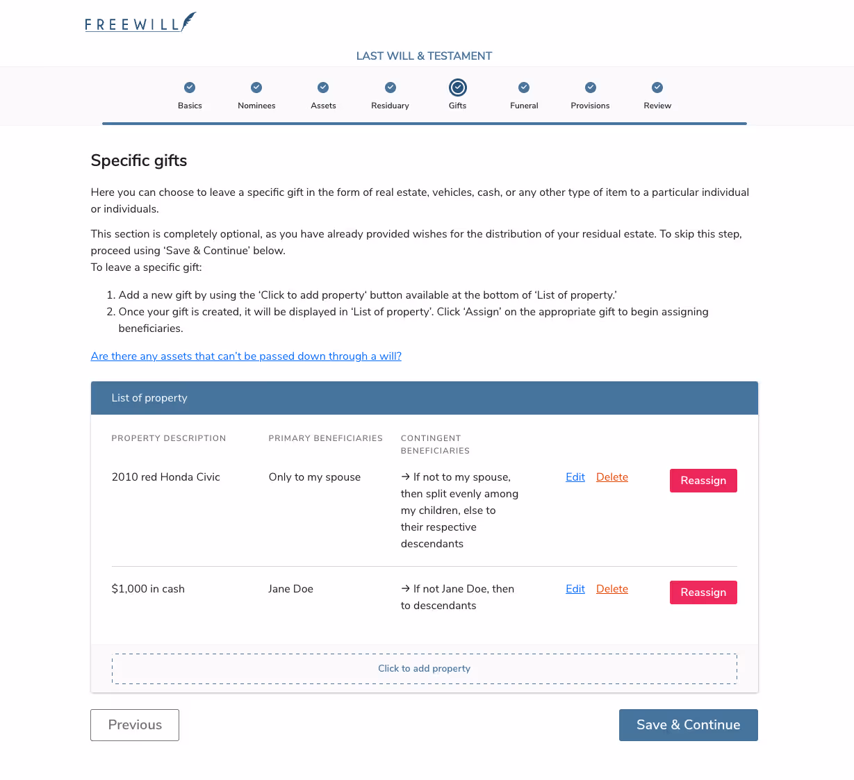 Sample Last Will and Testament Gift Page