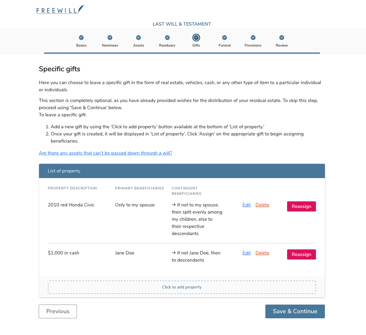 Sample Last Will and Testament Gift Page