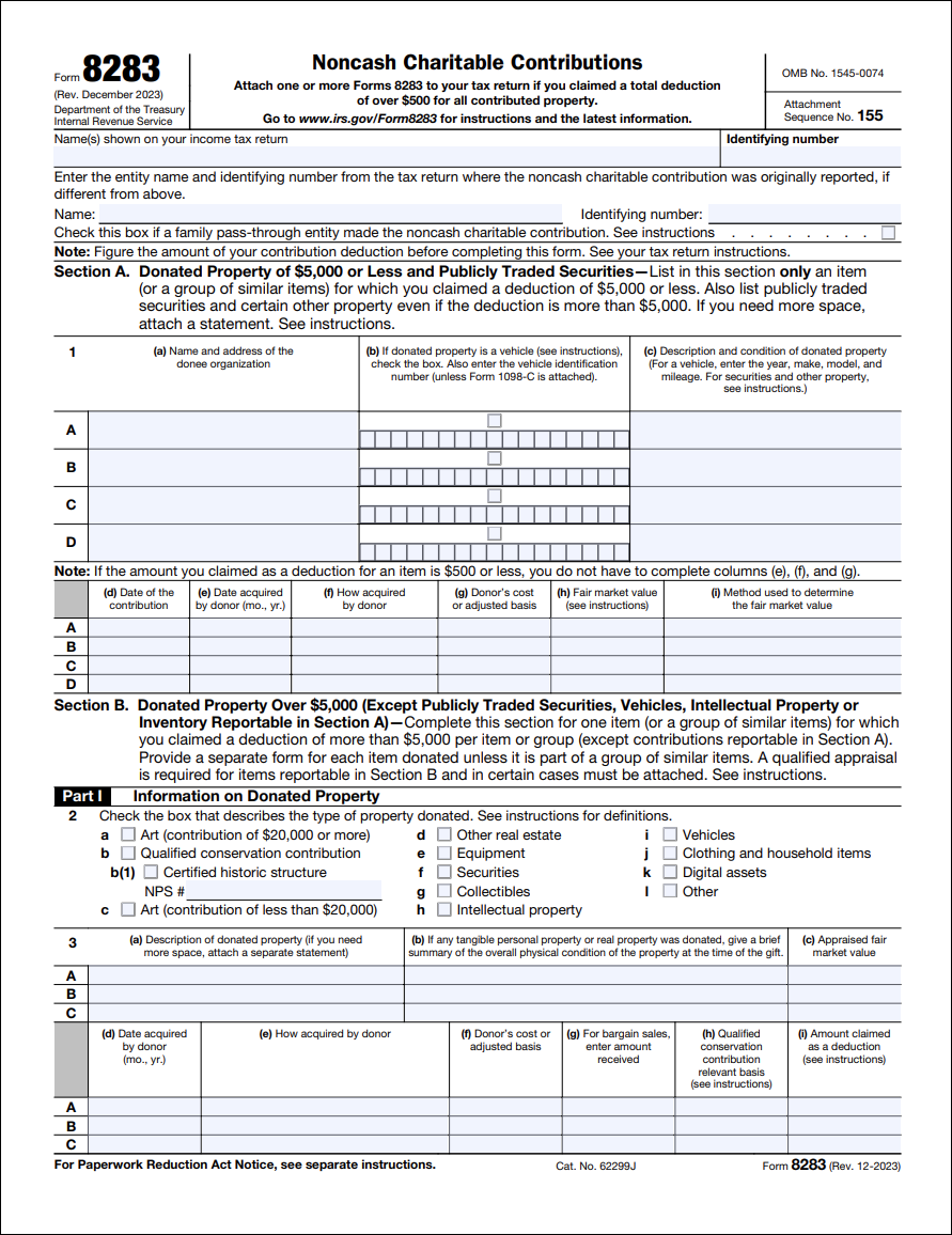 Page 1 of IRS Form 8283 for claiming non-cash charitable contribution deductions