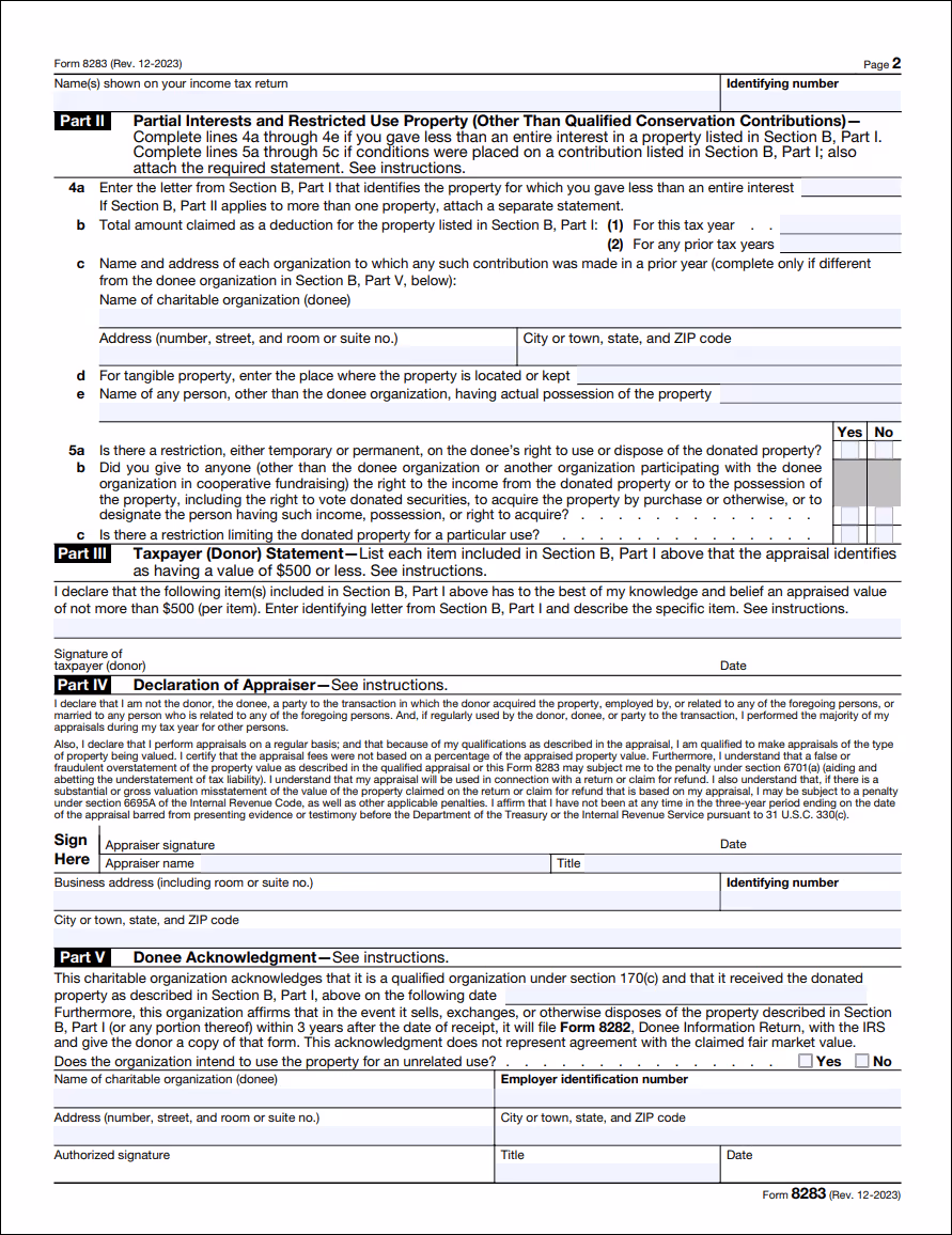 Page 2 of IRS Form 8283 for claiming non-cash charitable contribution deductions