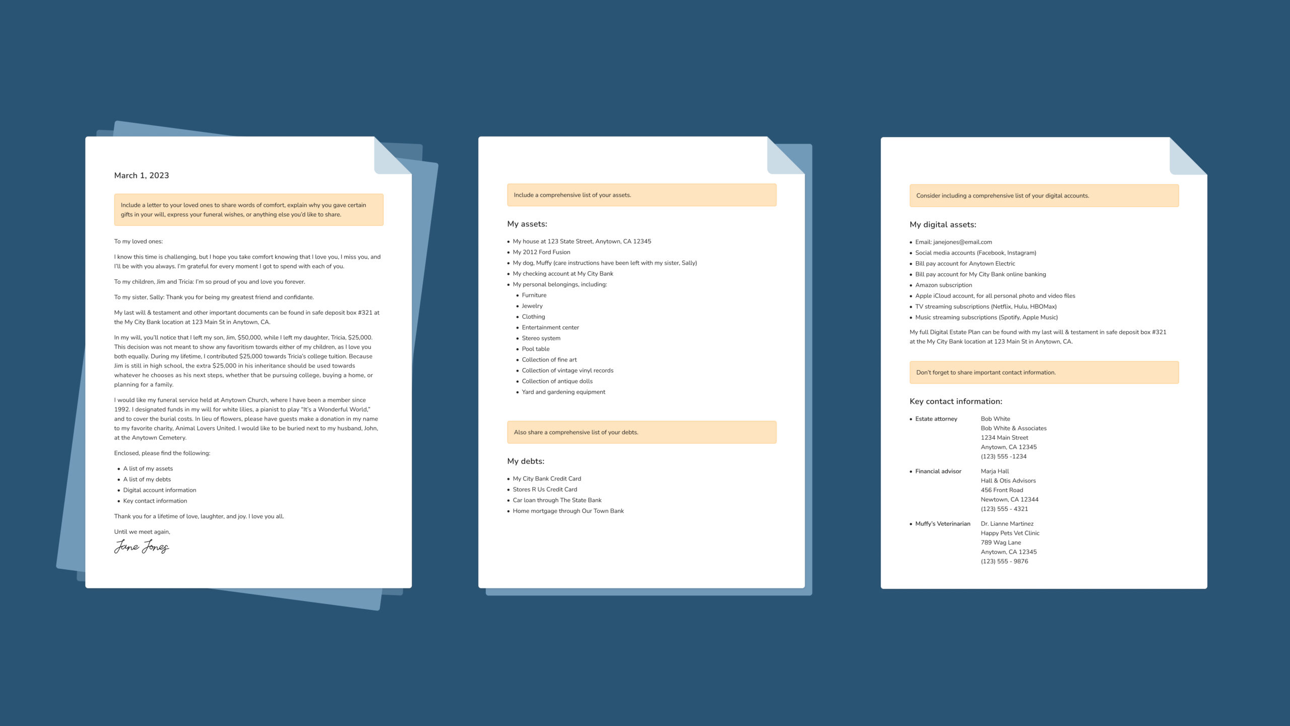 A 3-page sample letter of instruction, including a personal letter, asset inventory, contact information, and more.
