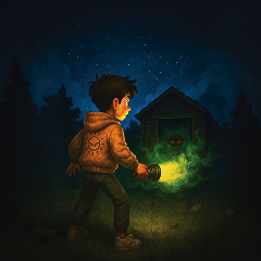 Illustration of a boy in a mustard hoodie, holding a flashlight in front of a dark shed, cover art for the book BLACKWYN: The Darkest Night