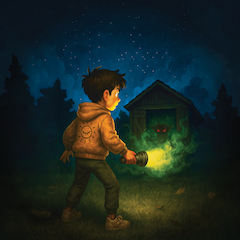 A dark, semi-realistic illustration of a terrified boy lying on the wooden floor inside a shed at night. A sinister shadow creature with glowing red eyes looms over him, illuminated by a soft beam of moonlight entering through a window. The rest of the room is almost completely dark, creating a tense and eerie atmosphere.
