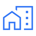 Blue outlined house and building icon on a black background