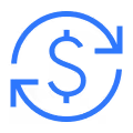 Blue dollar sign encircled by arrows on a black background