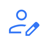Blue icon of a person with a pencil on a black background