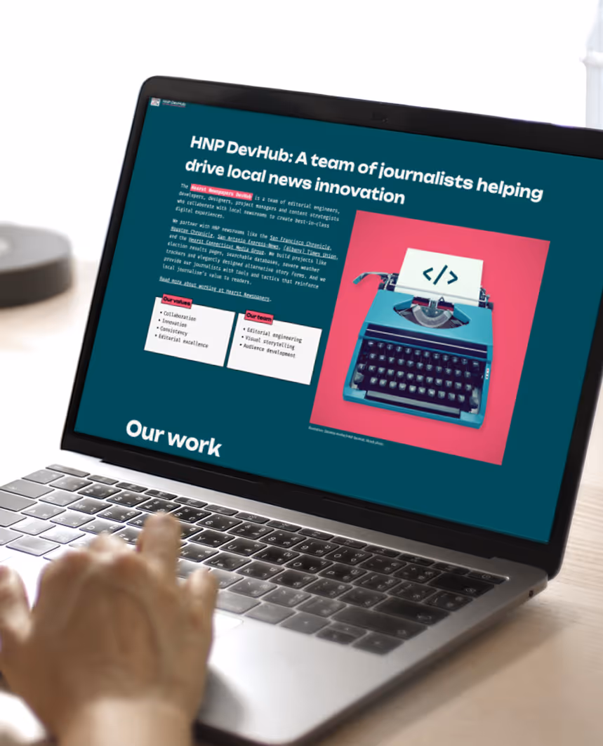 Laptop screen showing the HNP DevHub site highlighting a team of journalists supporting local news innovation.