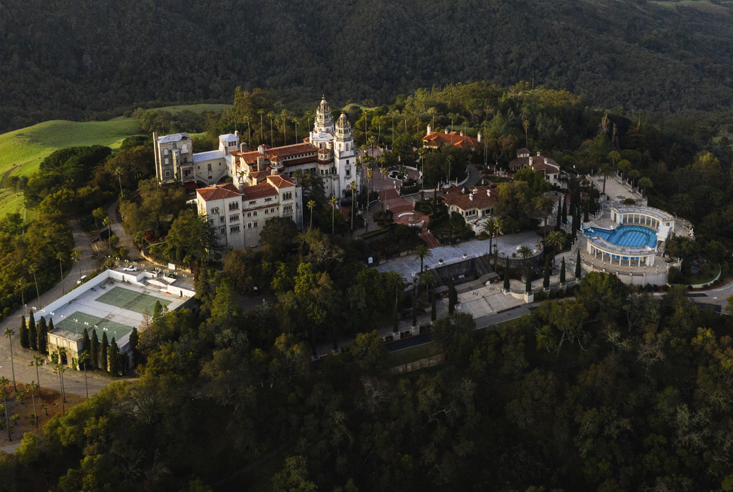Aerial view of Hearst Castle in San Simeon, California, designed by architect Julia Morgan.