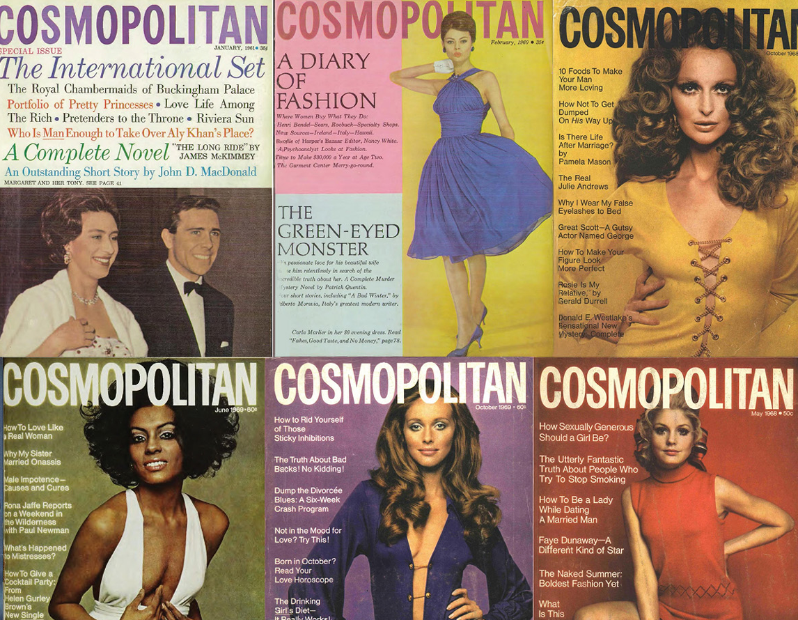 Collage of vintage Cosmopolitan magazine covers highlighting the magazine’s history during Helen Gurley Brown’s era.