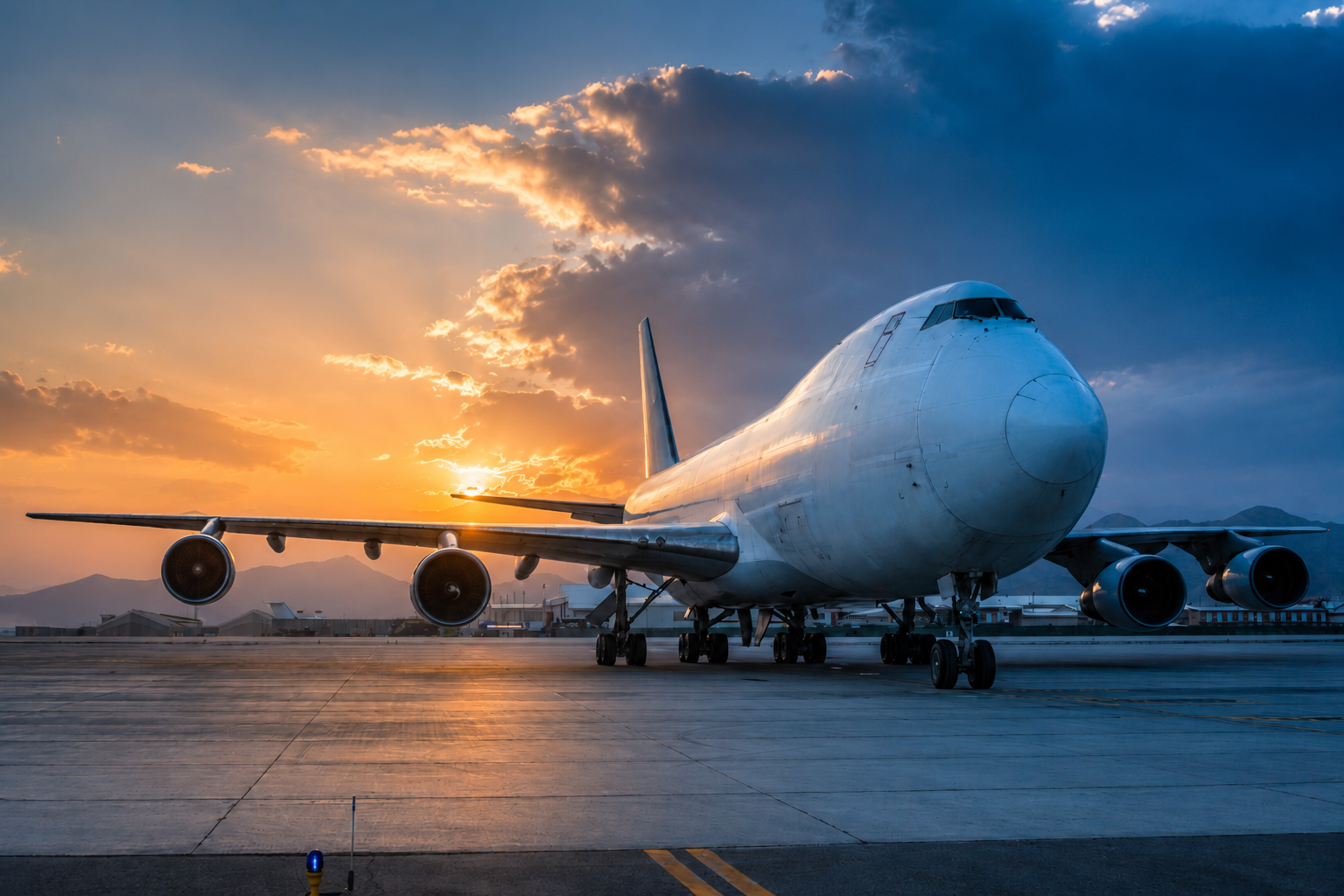 Cargo aircraft on tarmac at sunset