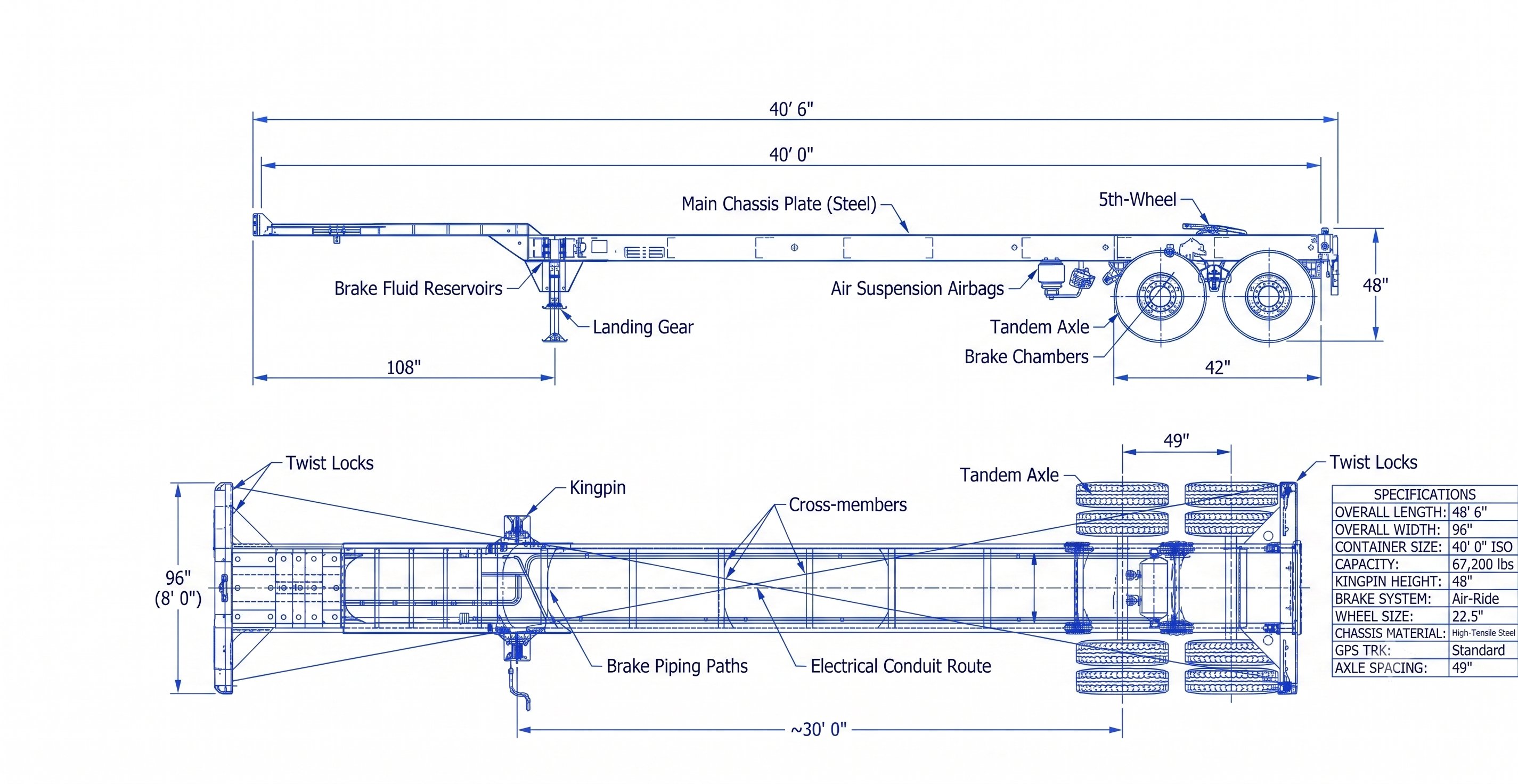 Standard 40-foot container chassis diagram for port drayage