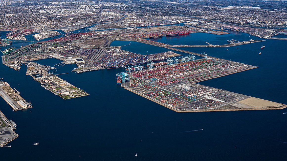 Aerial view of Port of Los Angeles container terminals and San Pedro Bay