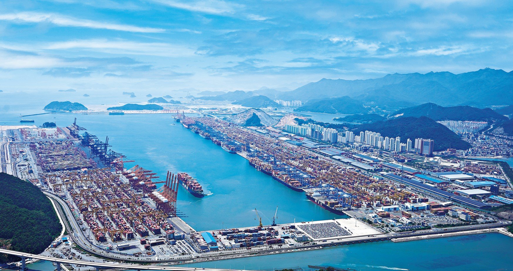 Aerial view of Busan New Port container terminals in South Korea