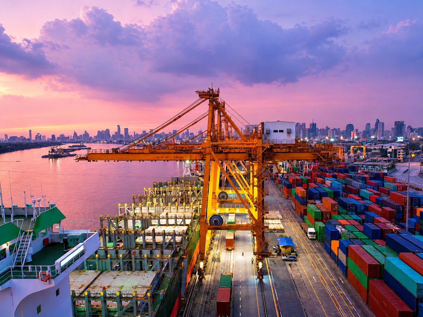 Orange quay crane over a berthed cargo ship with stacked containers and a city skyline under a pink dusk sky at a river port in Thailand