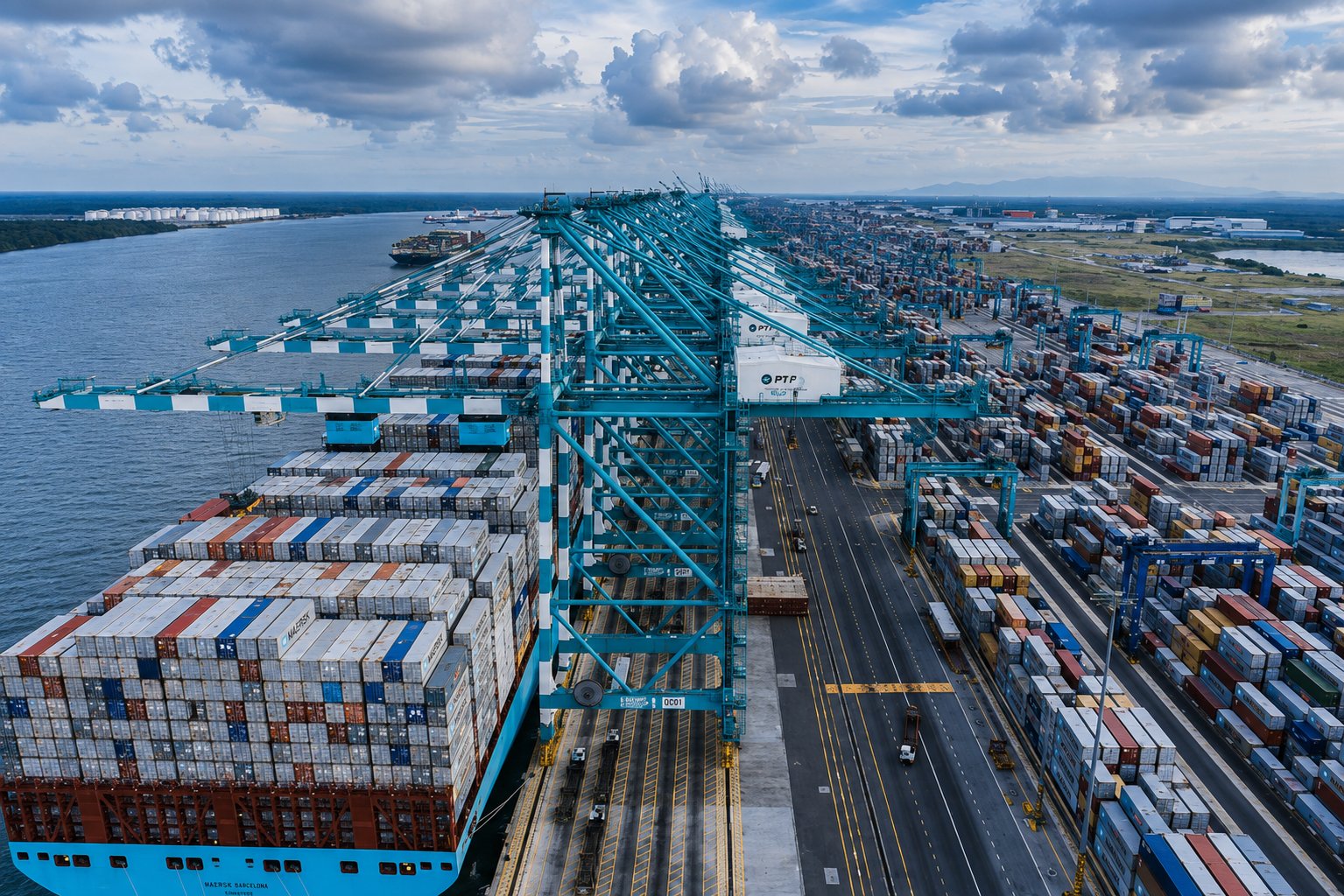 Row of teal quay cranes over a loaded container ship with container yards stretching inland at a terminal in Malaysia