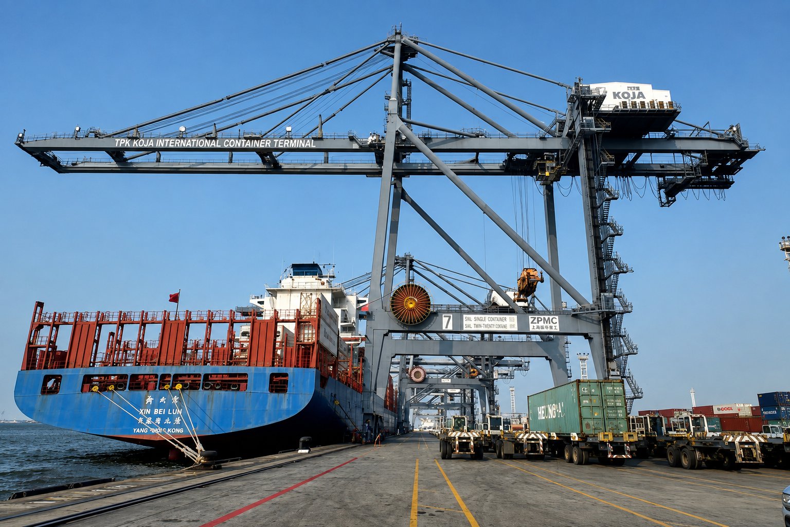 Container ship at berth beneath a large quay crane with terminal trucks hauling containers along the wharf at a port in Indonesia