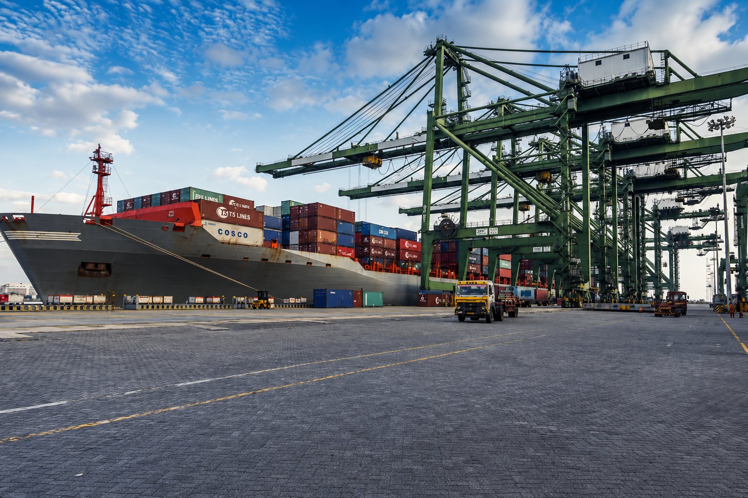 Container ship at berth beneath green quay cranes with a terminal truck crossing the wharf at a port in India