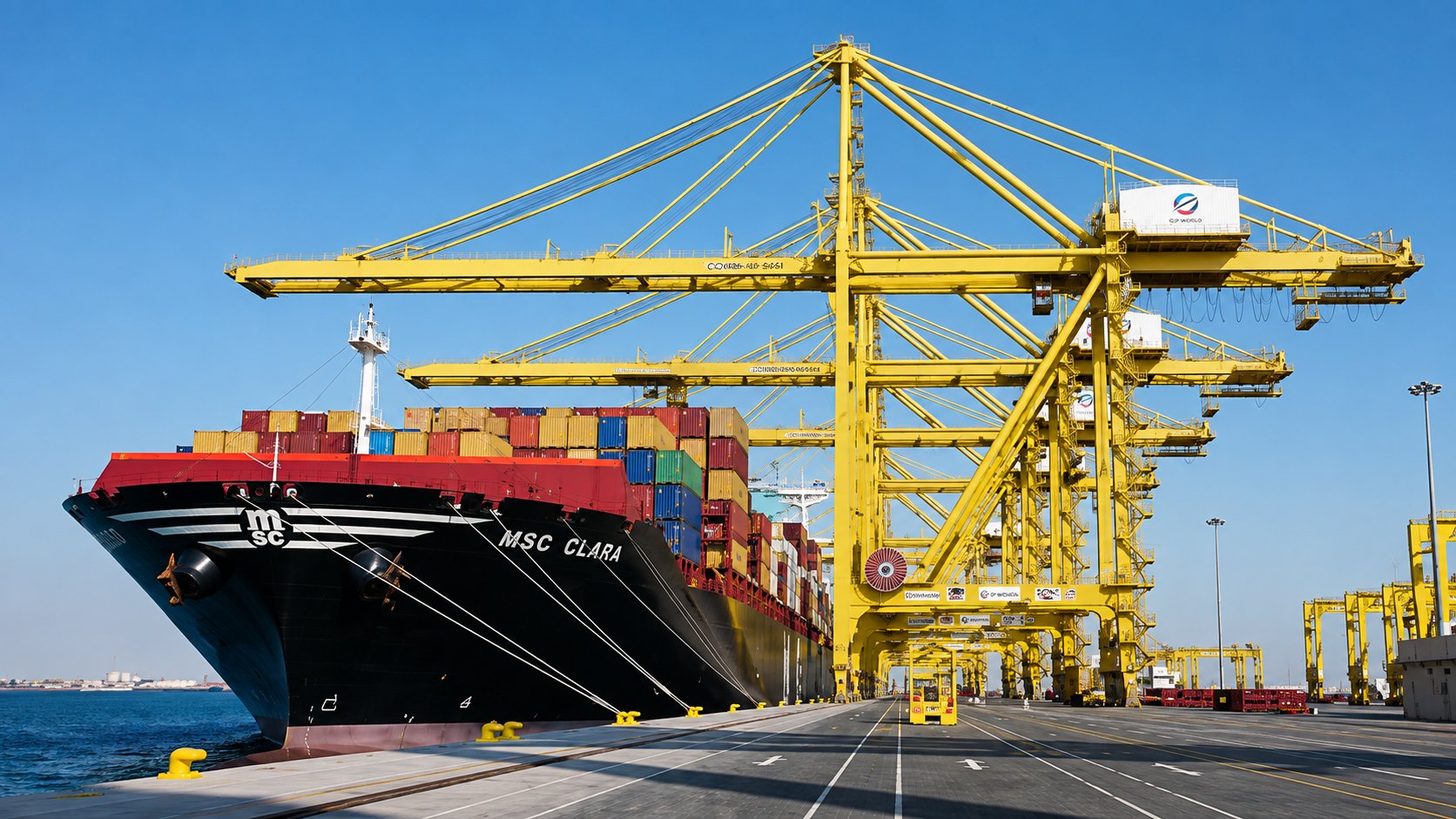Container ship at berth beneath tall yellow quay cranes on a sunlit wharf at a gulf terminal in Qatar