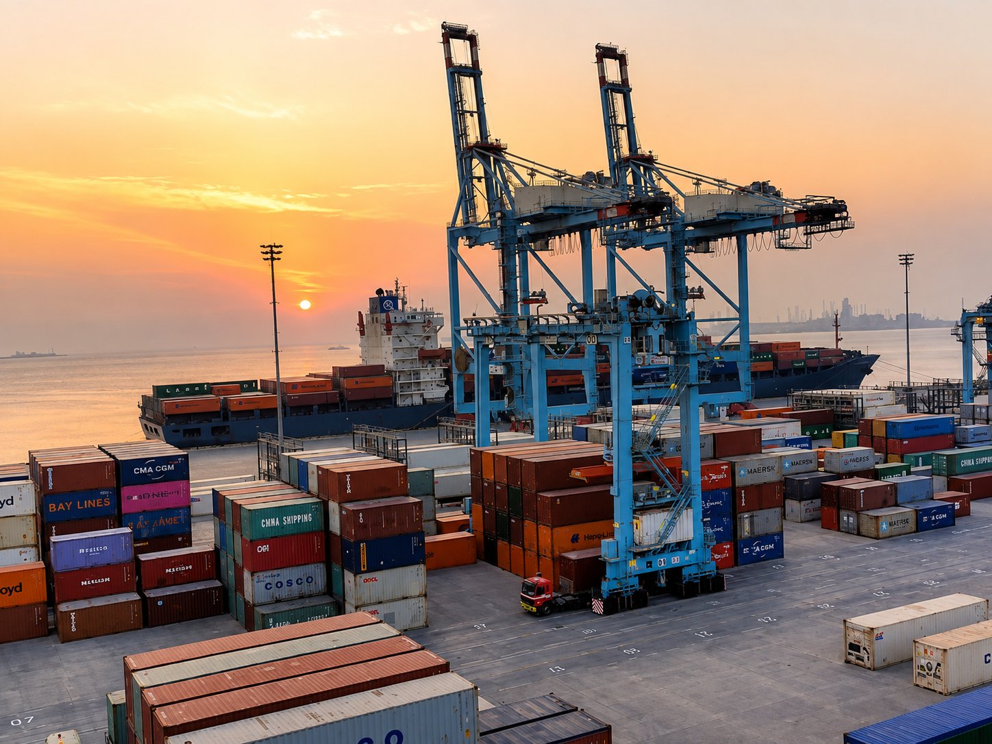 Container stacks and blue rail-mounted gantry cranes in a terminal yard with a cargo ship passing at sunset in Bahrain