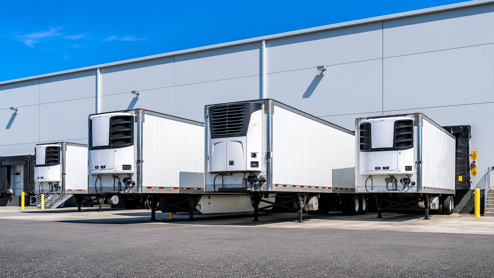 Refrigerated trailers with front-mounted reefer units backed into loading dock doors at a distribution warehouse