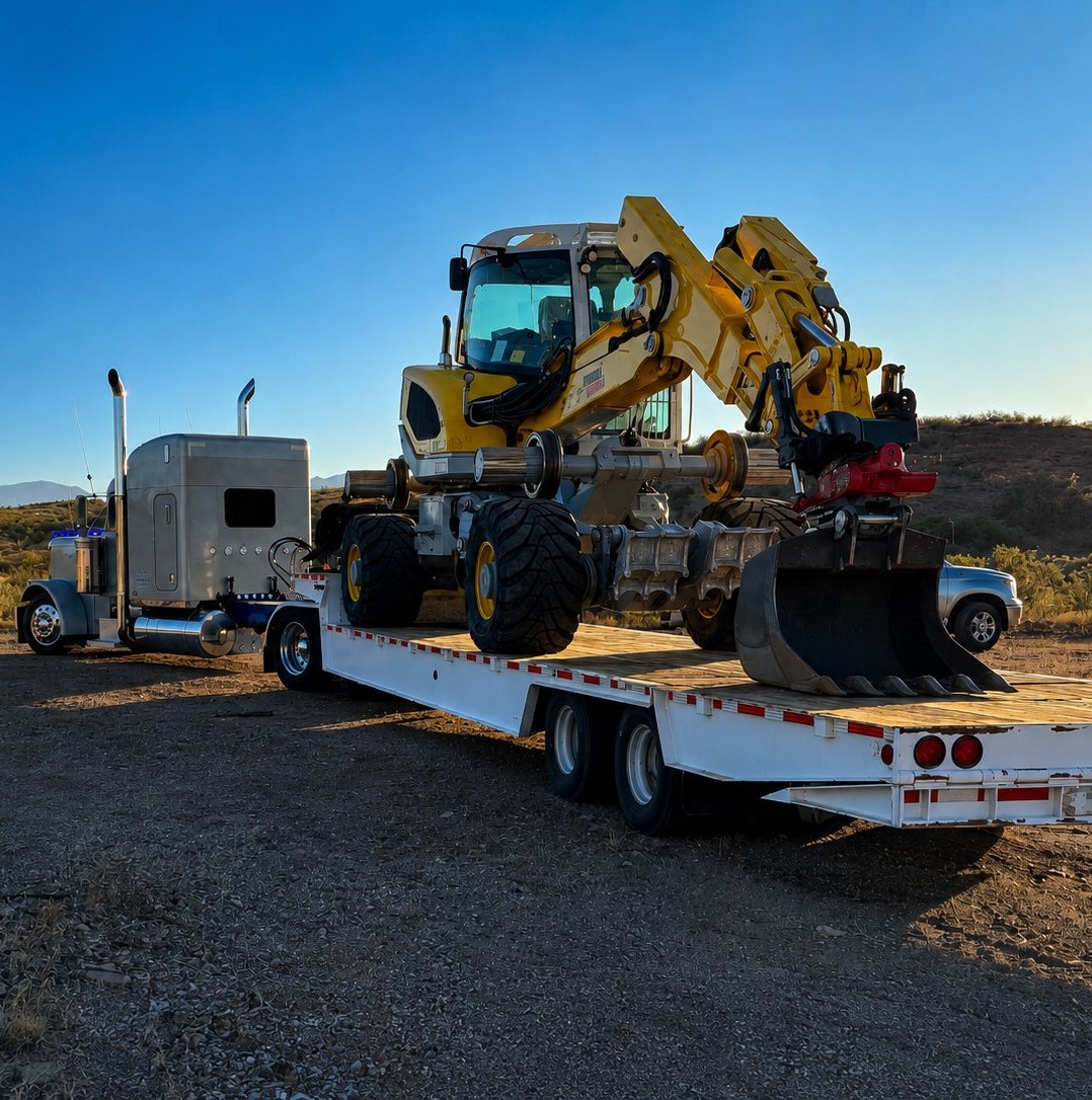 Yellow wheeled excavator loaded on a lowboy trailer behind a semi truck on open desert terrain at dusk