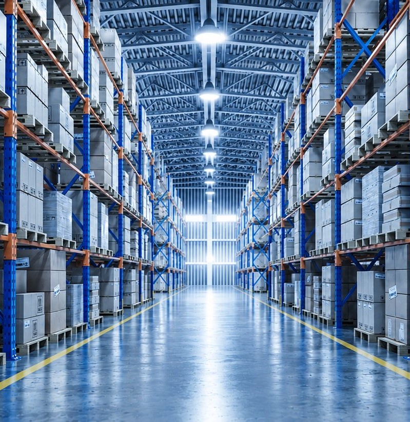 Racked pallets of boxed goods lining a long aisle in a cold storage warehouse under blue-toned lighting