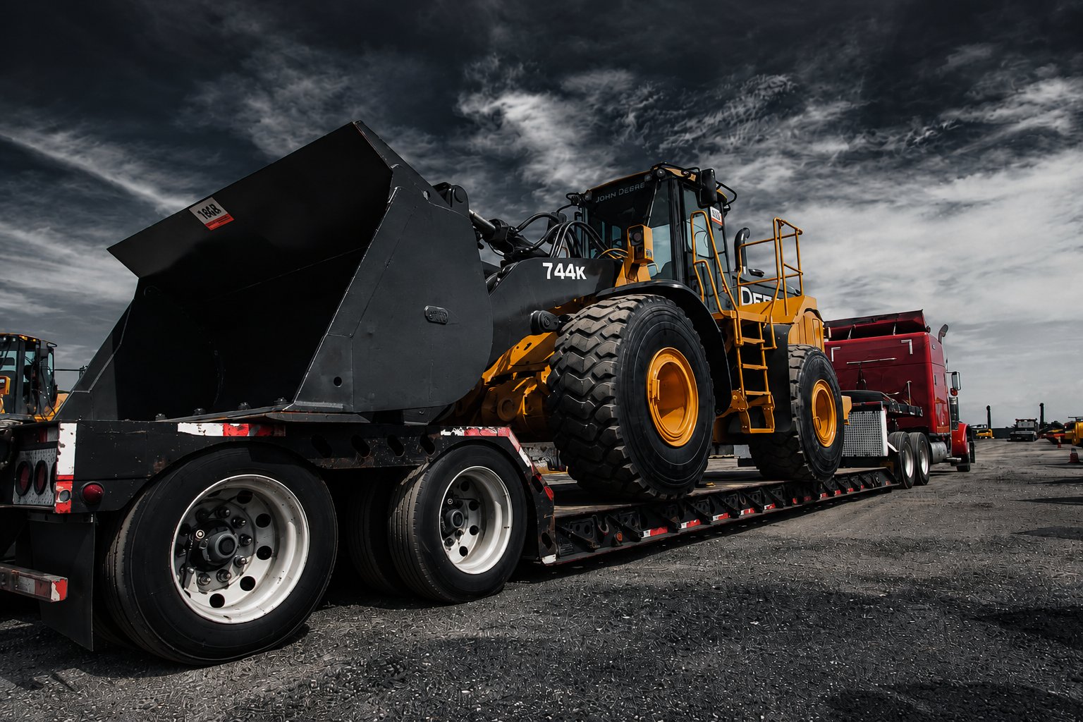 Large yellow wheel loader chained down on a lowboy trailer behind a red semi truck under a dramatic sky