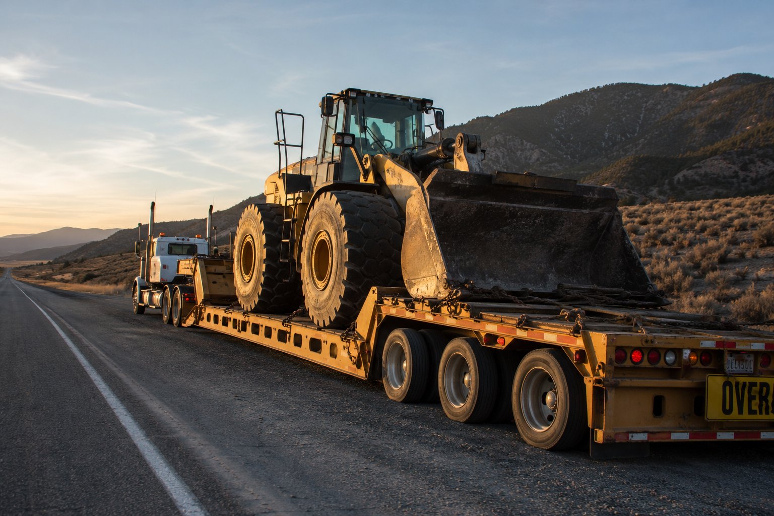 Wheel loader chained to a triple-axle lowboy trailer with a yellow oversize banner, traveling a mountain highway at dusk