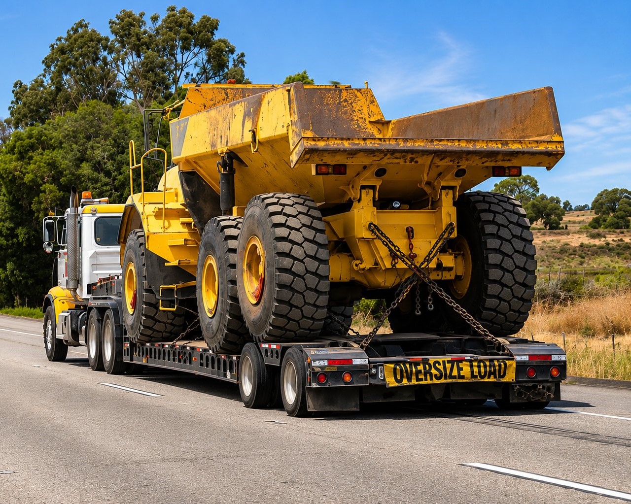 Articulated dump truck chained on a lowboy trailer with a yellow oversize load banner, moving down a tree-lined highway