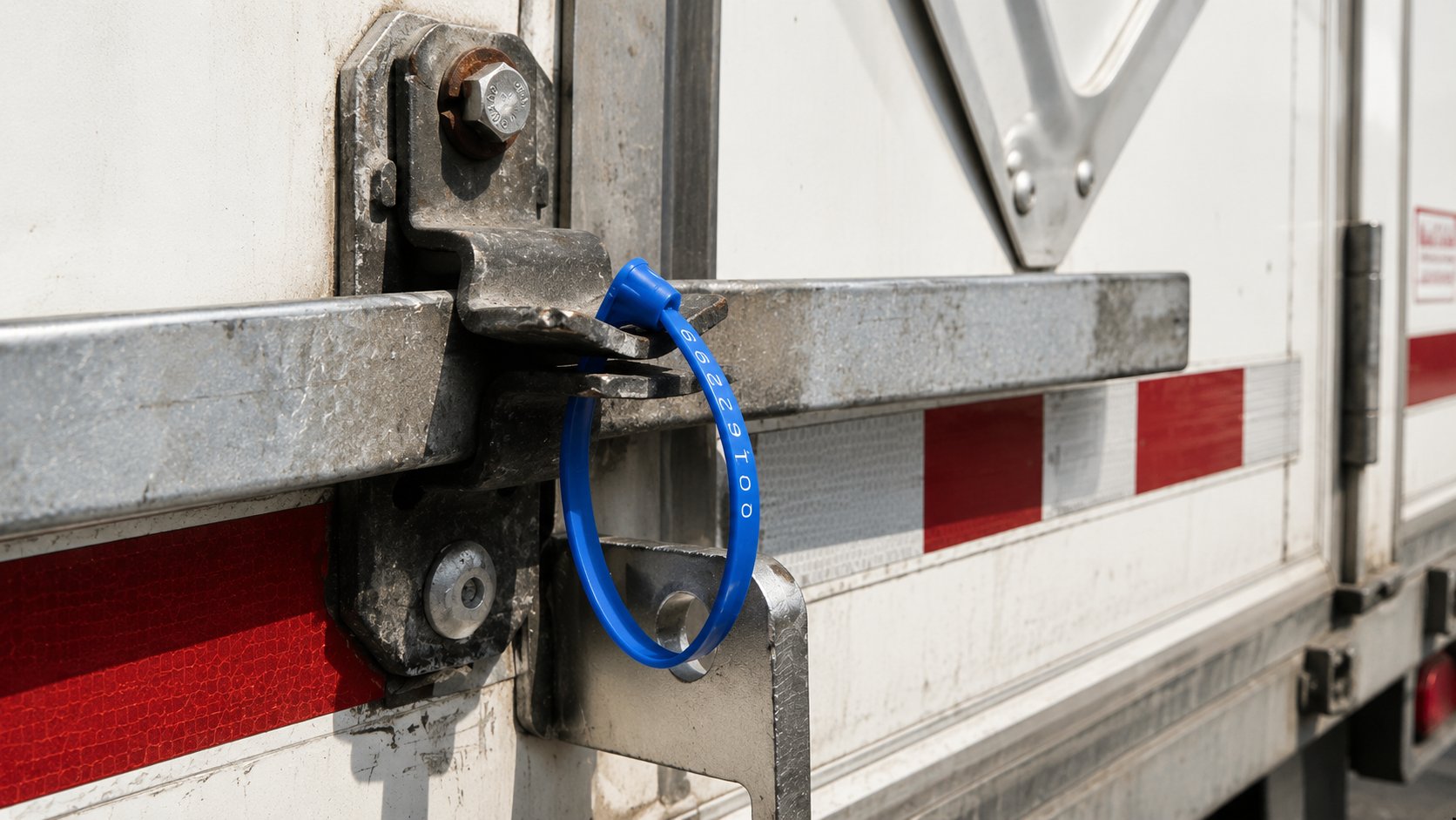 Blue numbered plastic security seal locked through the door latch hardware on the rear of a white trailer