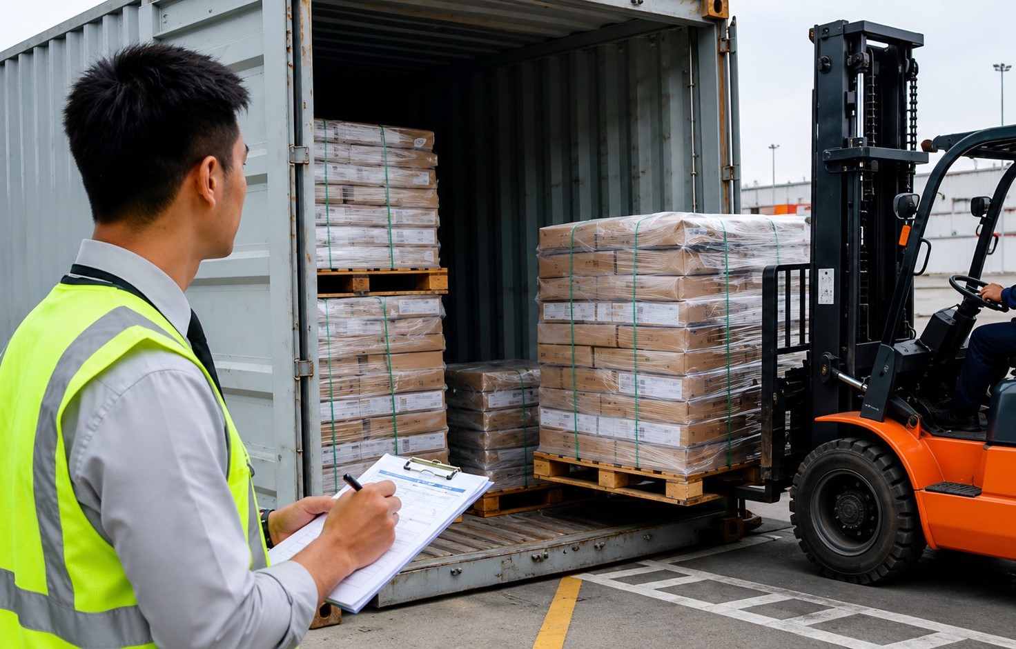 Supervisor in a high visibility vest completing a checklist while a forklift loads shrink-wrapped pallets into a shipping container
