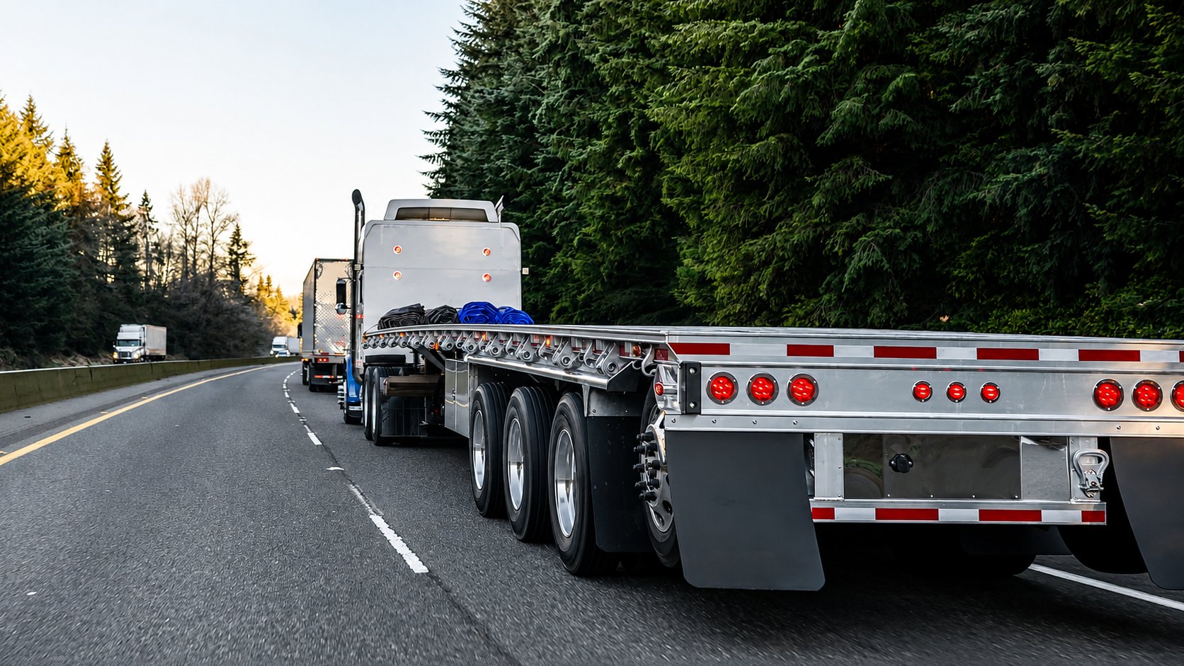 Rear view of an empty aluminum flatbed trailer with tarps and straps coiled at the front, traveling a tree-lined highway