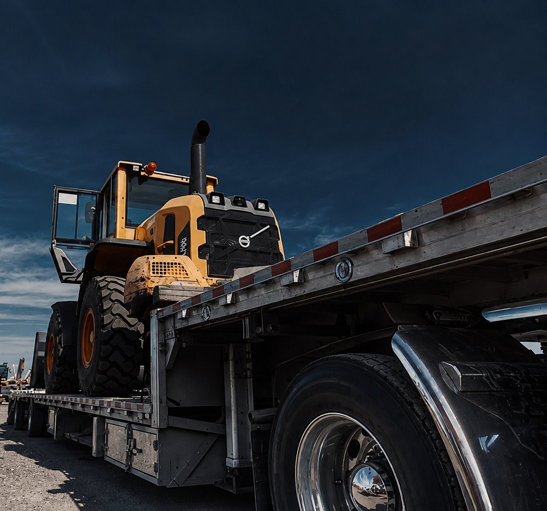 Yellow wheel loader positioned on the lower deck of a step deck trailer at an equipment yard under deep blue sky