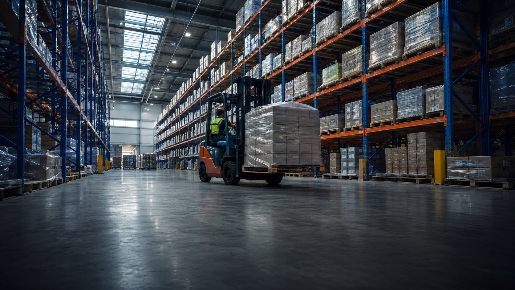 Forklift carrying a shrink-wrapped pallet through a warehouse aisle between tall pallet racking, warehousing coordinated by AEEM Shipping in Southern California