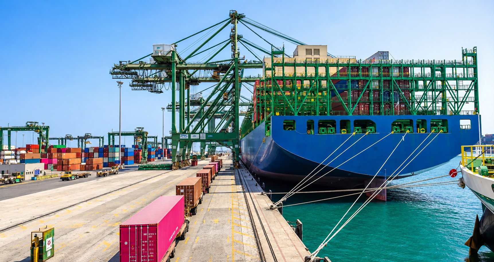 Green ship-to-shore cranes loading a large blue container vessel at berth with trucks staged on the quay at King Abdullah Port on the Red Sea, a Saudi Arabia origin port for ocean freight to Los Angeles