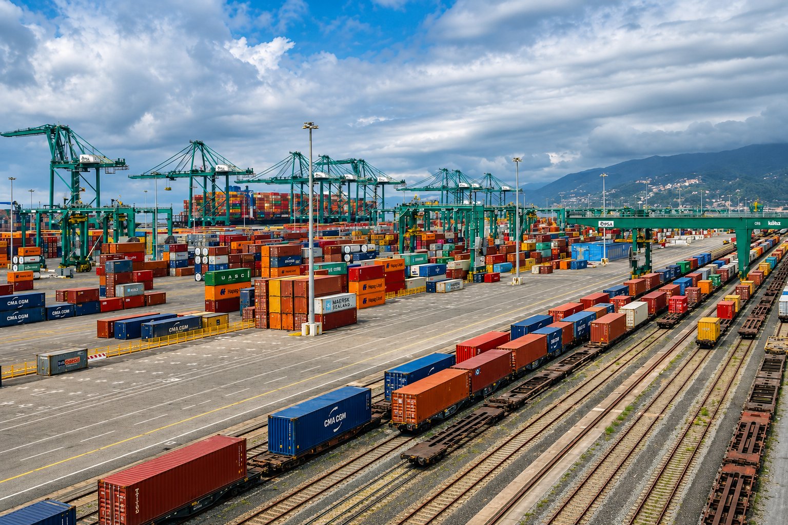 Container blocks and loaded rail wagons in the intermodal yard beneath green gantry cranes with the Ligurian hills behind at the Port of Genoa, an Italy origin port for ocean freight to Los Angeles