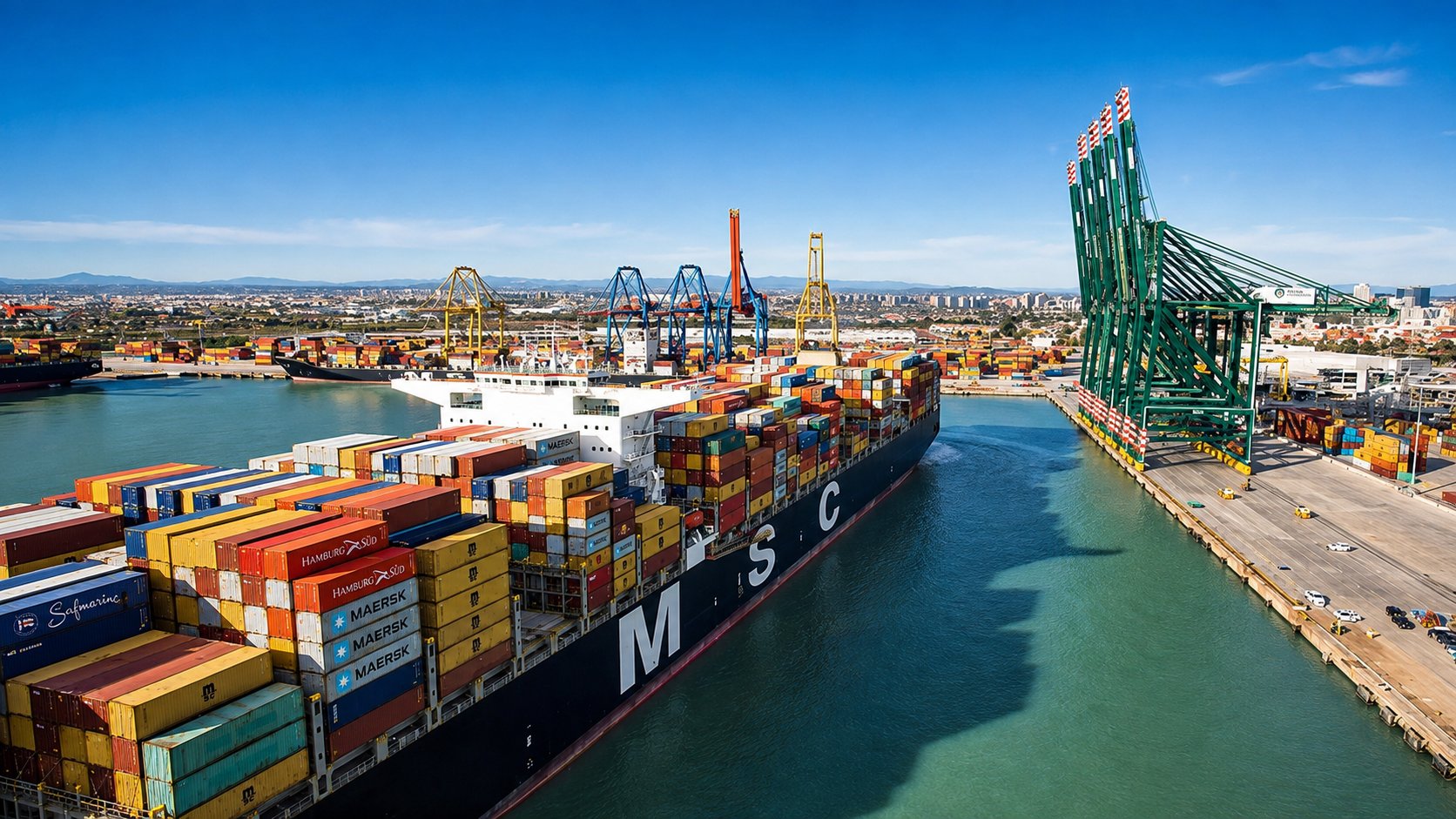 Fully loaded container ship arriving alongside green ship-to-shore cranes with the Valencia skyline and terminal yard behind, a Spain origin port for ocean freight to Los Angeles