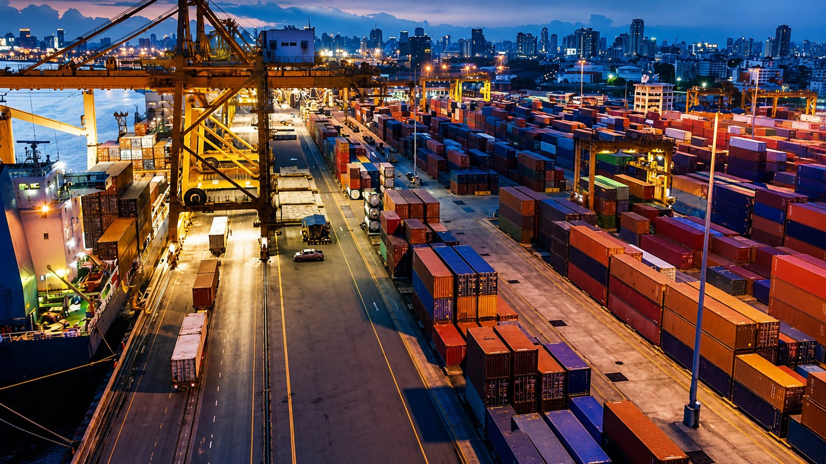 Aerial view of red gantry cranes, long container rows, and a vessel at berth with ships waiting at anchor offshore at the Port of Callao, Peru's main origin port for ocean freight to Los Angeles