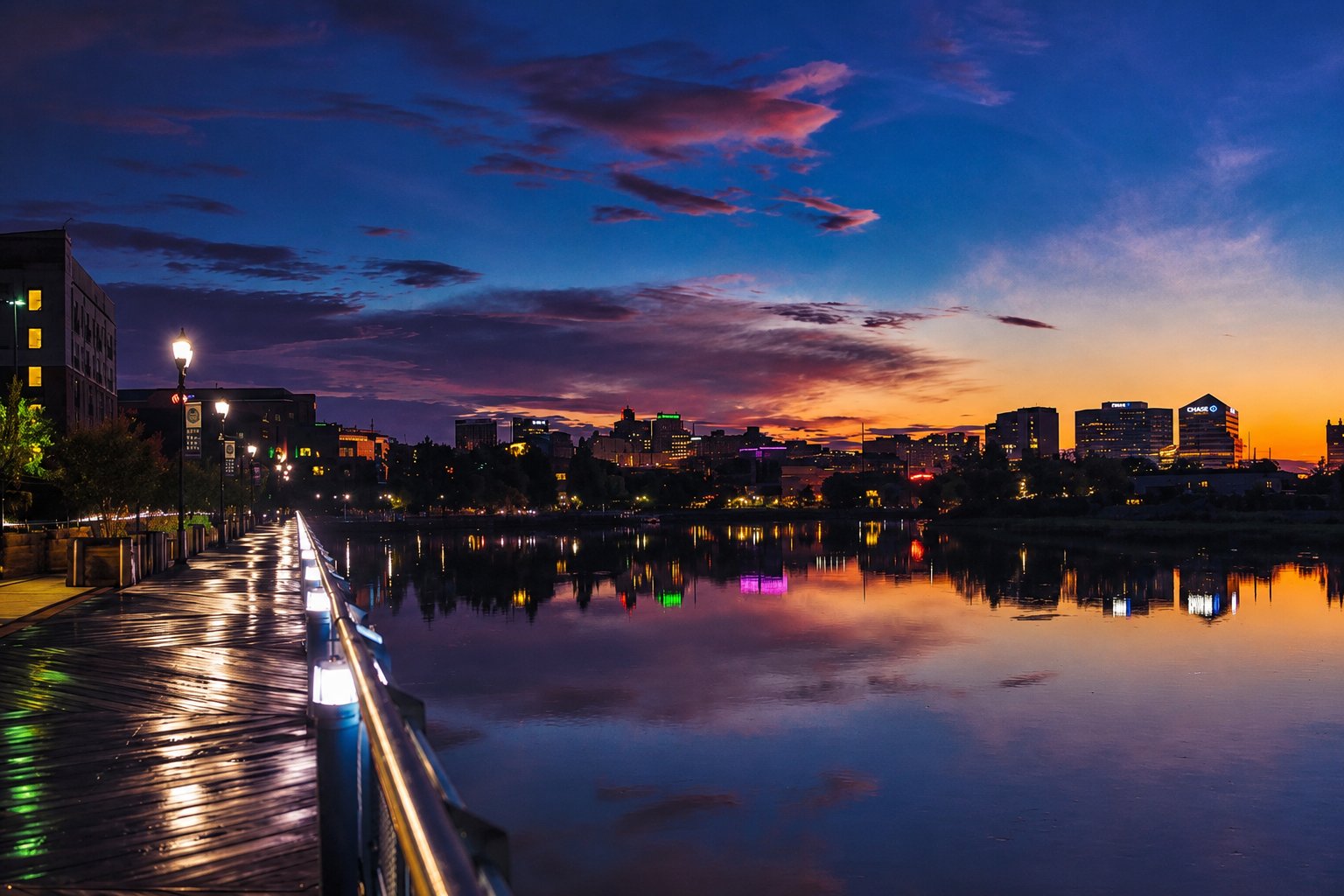 Riverwalk boardwalk along the Christina River at sunset with the Wilmington skyline reflected in the water, Delaware