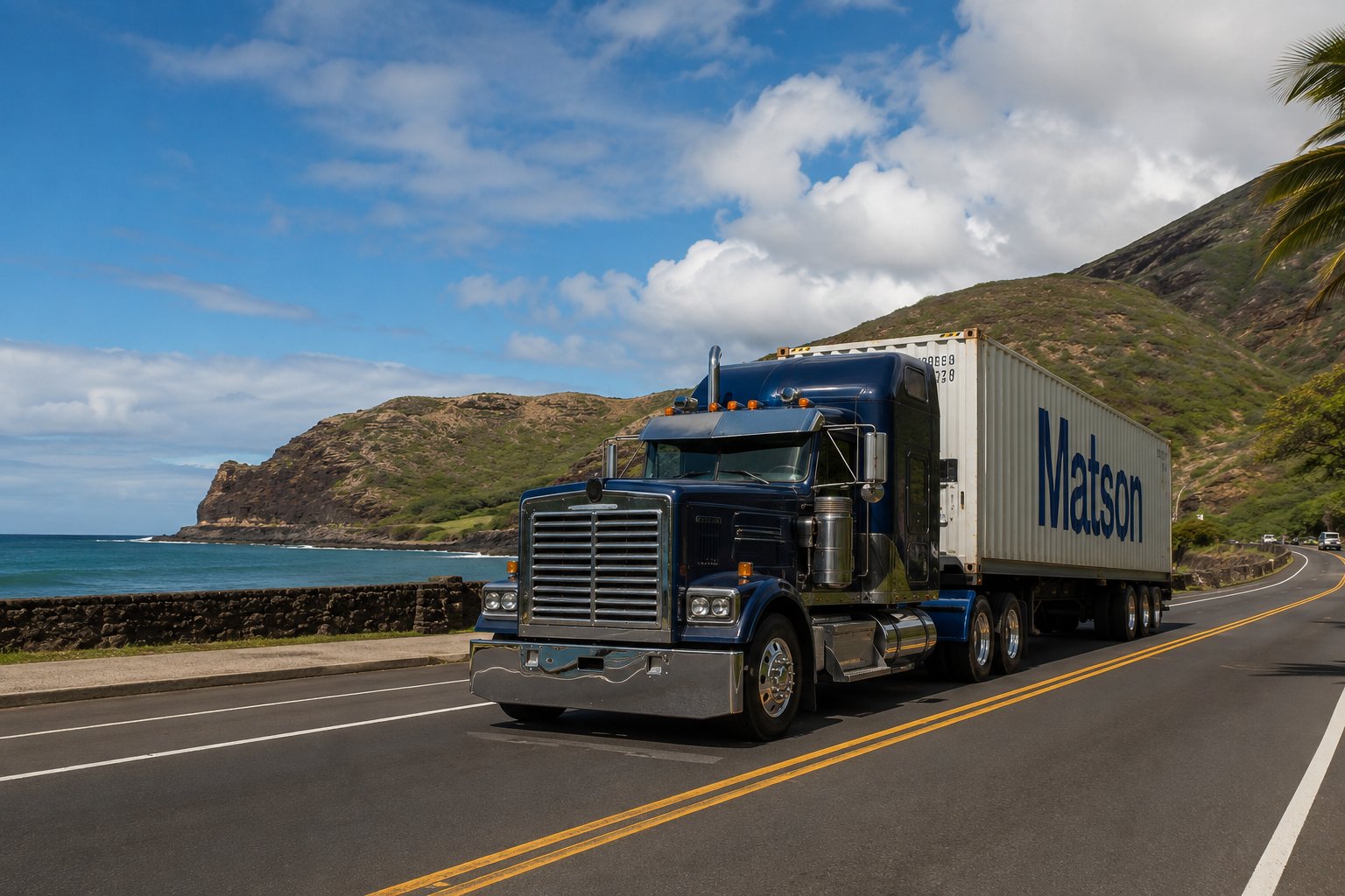 Semi truck hauling a white ocean container along a coastal highway on Oahu with the Pacific and volcanic ridges behind it, Hawaii