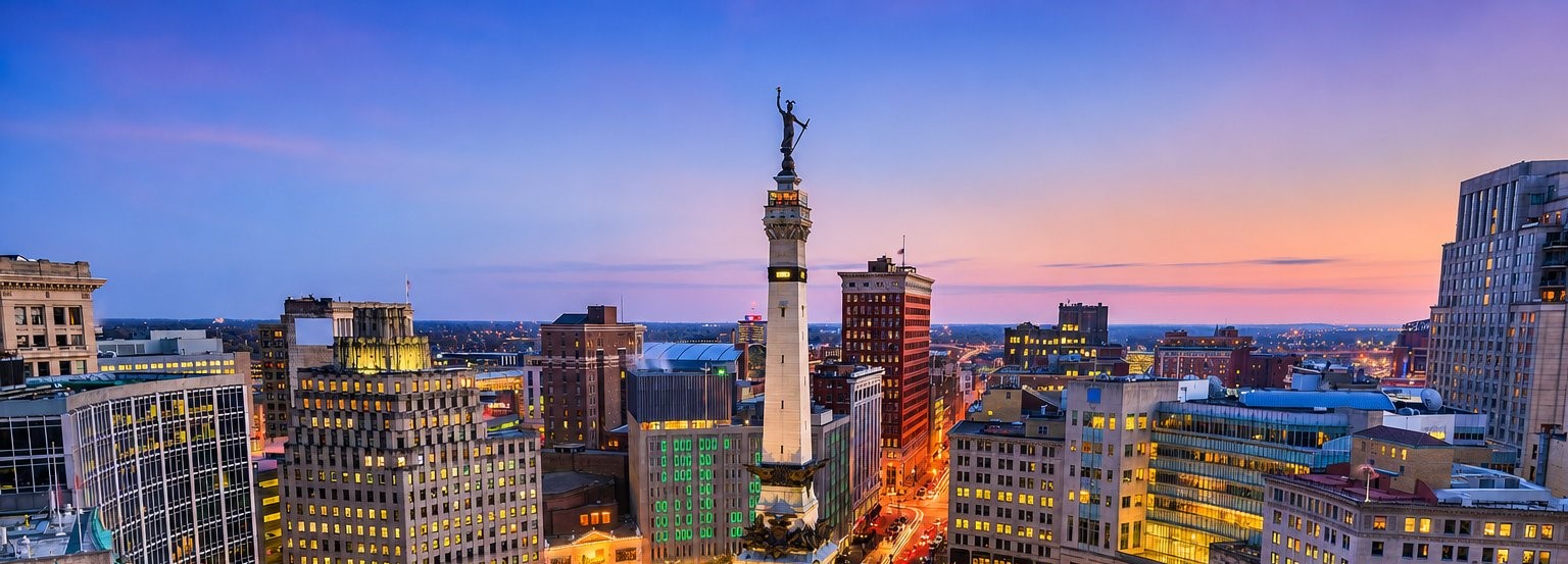 Aerial view of the Soldiers and Sailors Monument at Monument Circle at dusk with traffic light trails and the Indianapolis skyline, Indiana