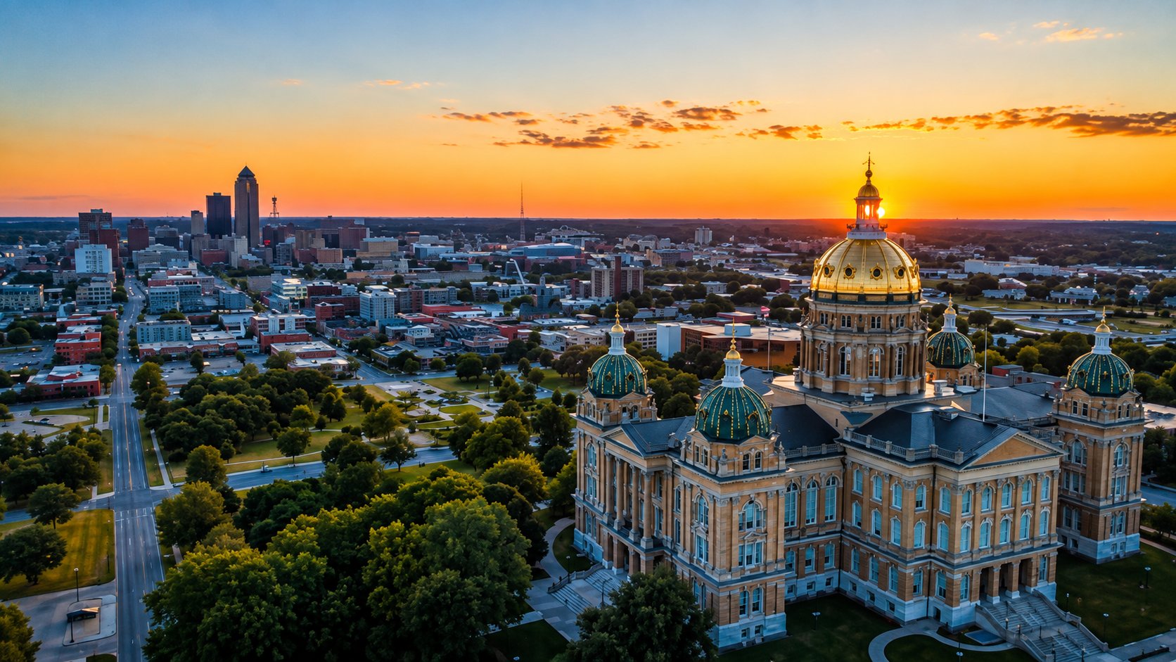 Aerial view of the Iowa State Capitol with its gold dome at sunset and the Des Moines skyline in the distance, Iowa