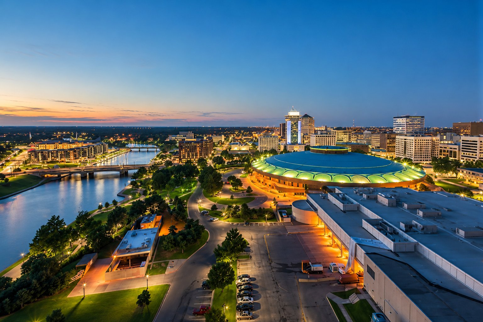 Aerial view of Wichita at dusk with the blue-domed Century II center, the Arkansas River, and the downtown skyline, Kansas