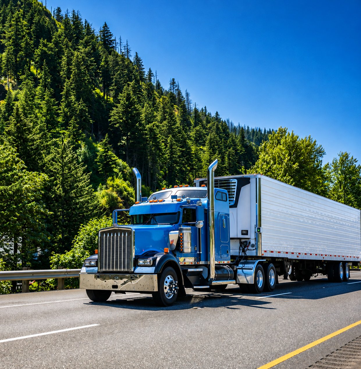 Blue semi truck pulling a refrigerated trailer on a highway beneath a steep pine forest hillside, full truckload freight to Maine