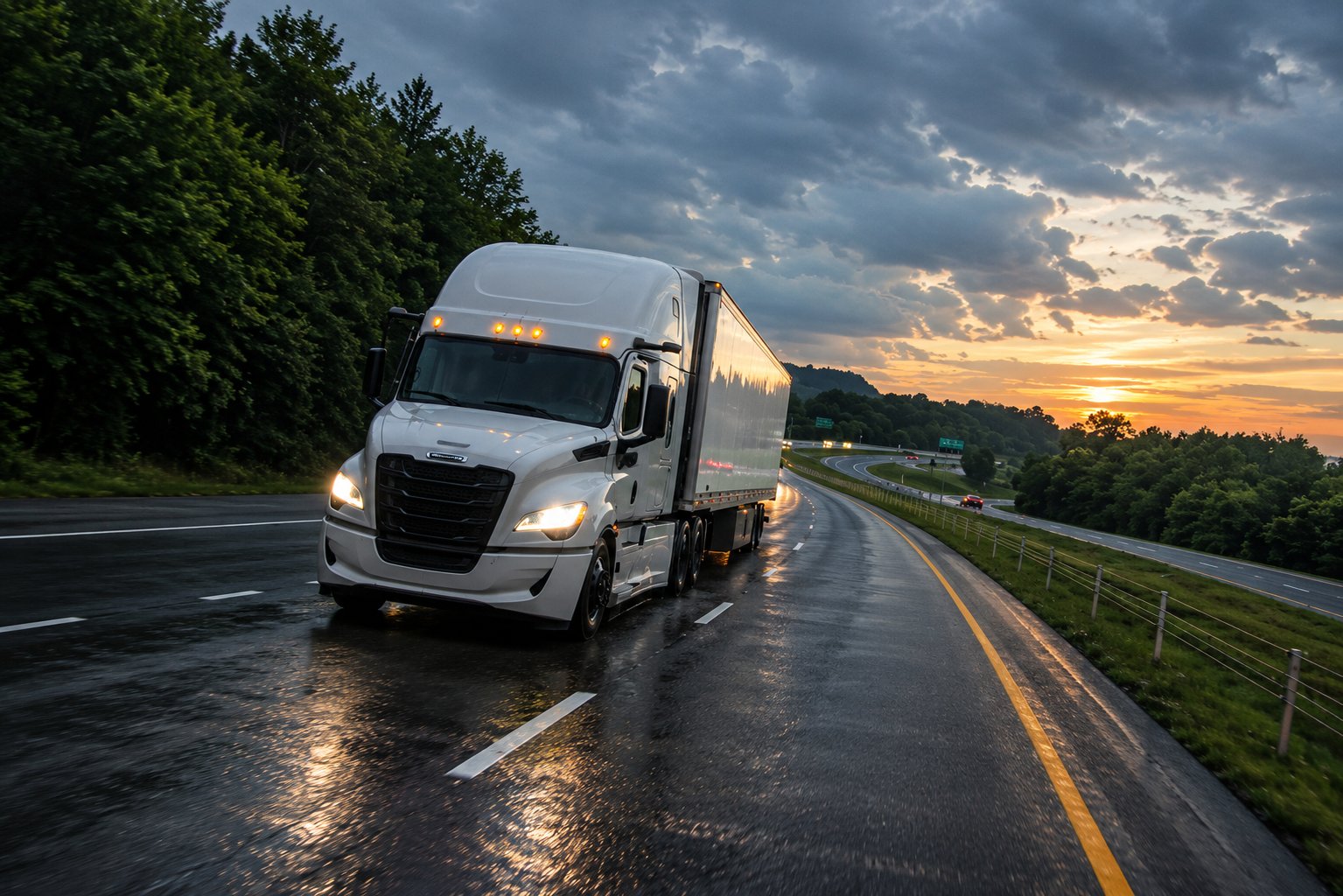 White semi truck pulling a dry van trailer on a wet interstate at sunset, full truckload freight to Minnesota