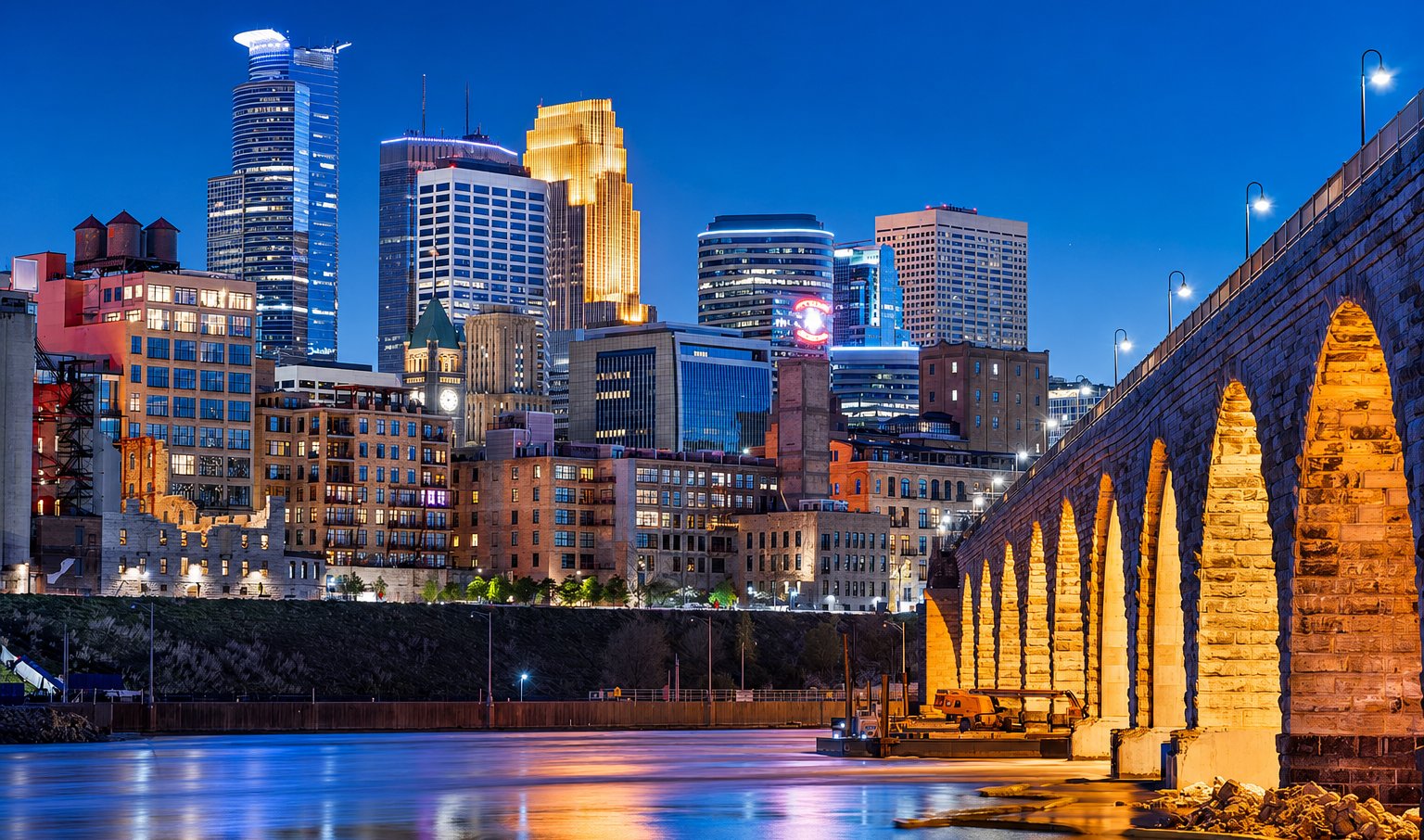 Stone Arch Bridge with its illuminated arches crossing the Mississippi River toward the Minneapolis skyline at blue hour, Minnesota