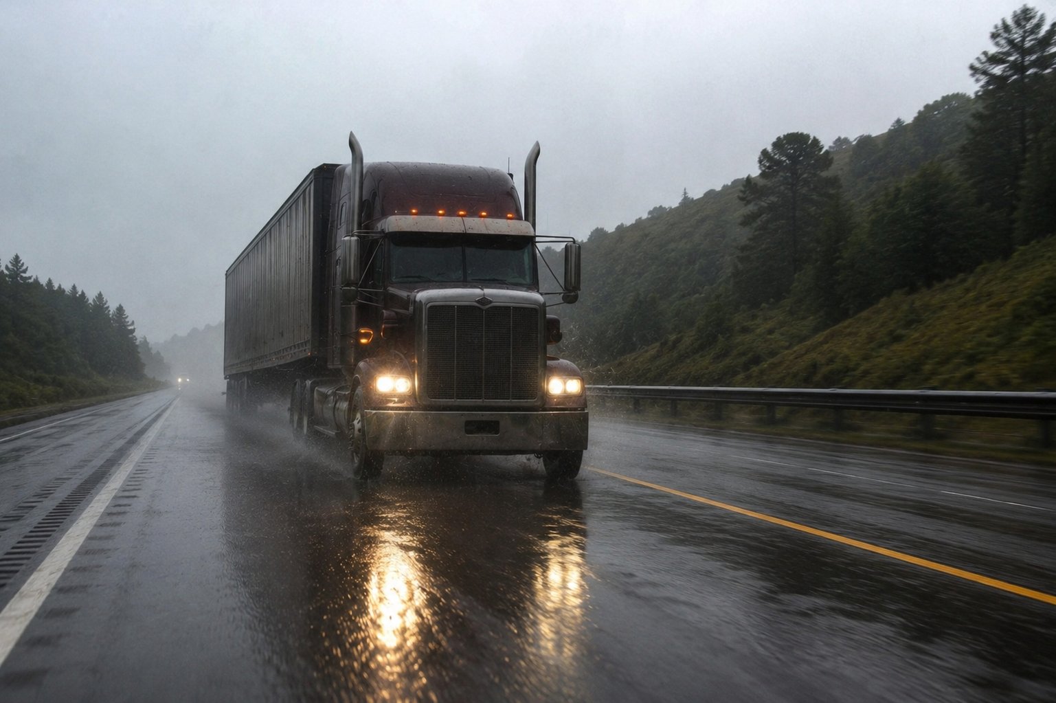 Semi truck pulling a trailer through heavy rain on a wet highway with spray behind it, full truckload freight to Mississippi