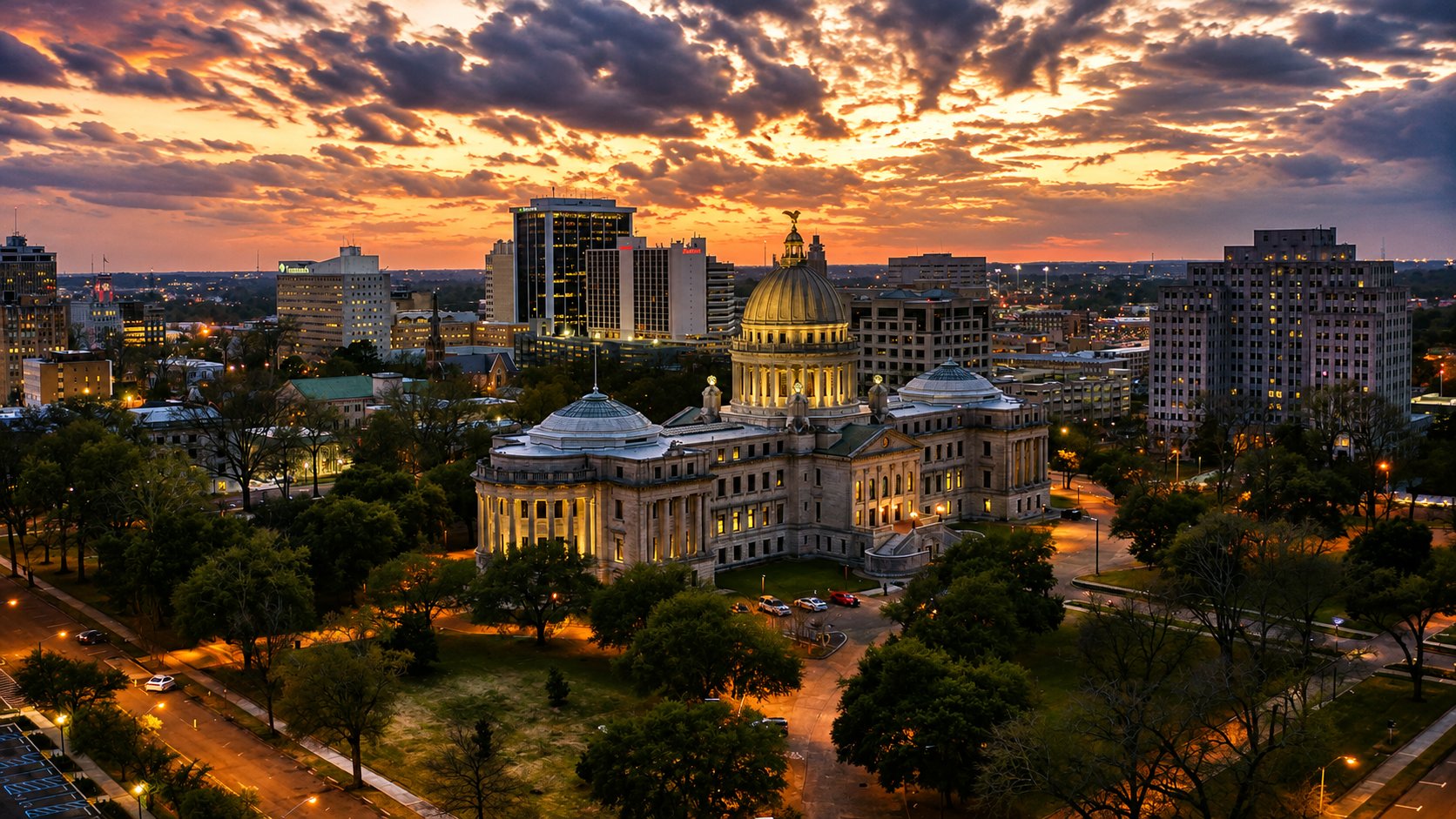 Aerial view of the Mississippi State Capitol with its lit dome at sunset and the Jackson skyline behind it, Mississippi