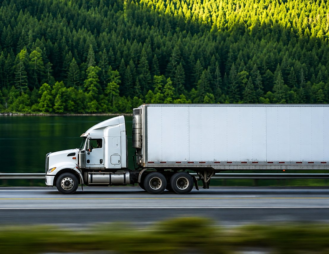 White semi truck pulling a refrigerated trailer along a riverside highway backed by dense green forest, full truckload freight to Missouri