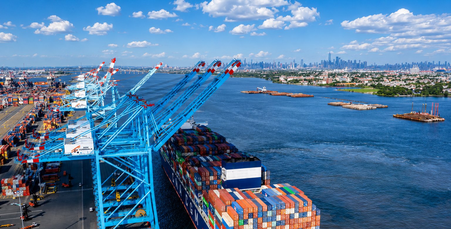 Aerial view of a container ship under blue gantry cranes at the Port Newark and Elizabeth terminal with the Manhattan skyline across the water, New Jersey